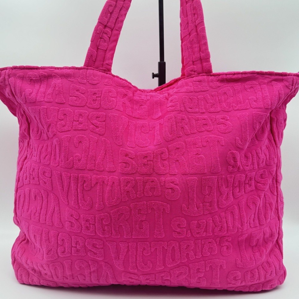 Victoria Secret Terry Cloth Bag Hot Pink Large Logo Carryall Tote Double Handle